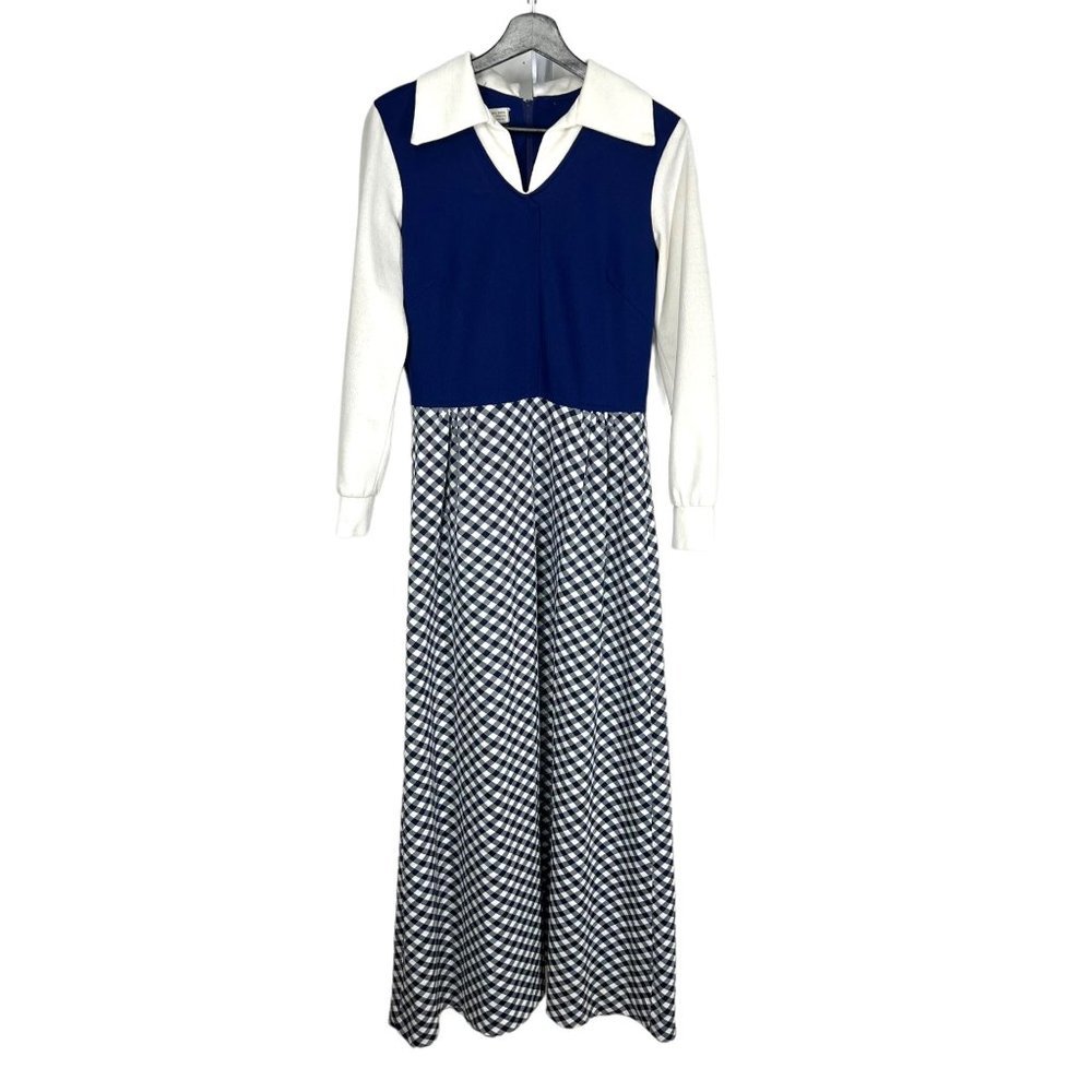 Vintage 60s Blue White Gingham Pattern Long Sleeve Full Length Dress Large
